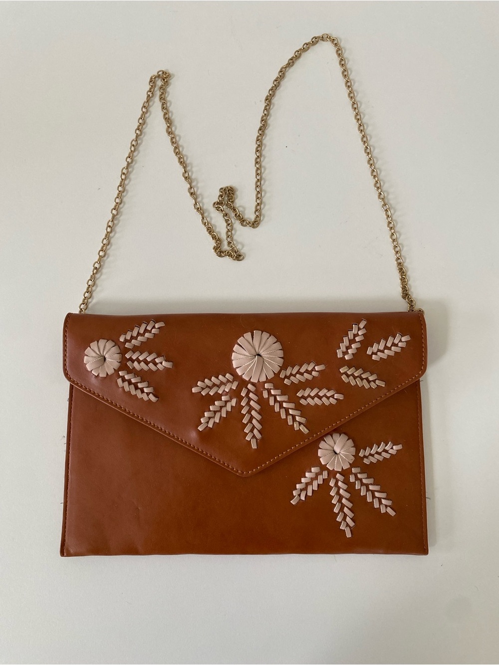 Francesca's Collections Bohemian Clutch with Pink Floral Appliqué & Gold Chain